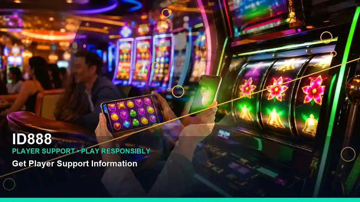 ID888 gold jackpot slot games featuring an adult Filipina casino host with a layered collage composition